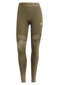Olijfgroene sportleggings met hoge tailleband, accenten van meshpanelen en Adidas-logo, gemaakt van rekbare, gestructureerde stof.
