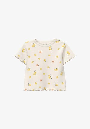 Kurzärmeliges Babytop aus cremefarbenem Rippstoff mit lächelnden gelben und pfirsichfarbenen Fruchtmustern und Knopfverschluss an einer Schulter.