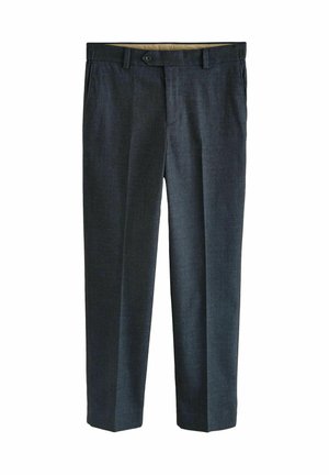 Dark gray trousers made from a smooth fabric, featuring a straight cut, button closure, and side pockets for functional detail.