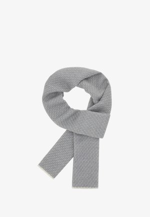 Grau gewebter Schal mit einem strukturierten Muster und fransigen Kanten. Weicher Stoff mit einem leichten, rechteckigen Design, das sich gut zum Schichten eignet.