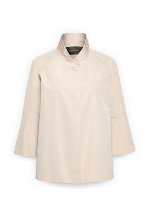 Manteau beige pour femme avec col montant, fermeture à un seul bouton, manches évasées trois-quarts et panneau avant lisse de chez Elena Mirò.