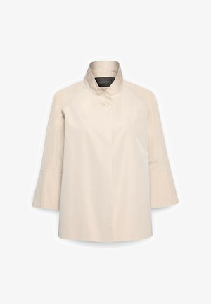 Cappotto beige da donna con collo alla coreana, chiusura con un solo bottone, maniche svasate tre quarti e pannello frontale liscio di Elena Mirò.