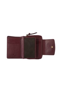 Portafoglio in pelle bordeaux con finitura testurizzata, più slot per carte, una finestra per l'ID e un compartimento con zip. Design compatto, chiusura a scatto.