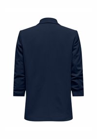 Marineblå blazer lavet af glat stof, med flipkrave, trekvartærmer og en struktureret design med en skræddersyet pasform.