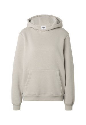 Lysebeige pullover-hoodie med front kængurulomme, ribstrikkede manchetter, kant og label inde i kraven.