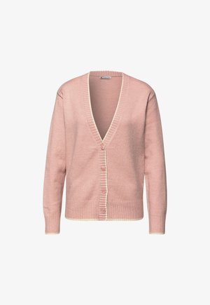 Helles rosa Cardigan mit V-Ausschnitt, geripptem Kragen und Bündchen, mit Knopfverschluss und kontrastierendem cremefarbenem Saum entlang der Kanten.
