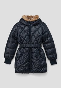 Gevoerde marineblauwe pufferjas met een faux fur capuchon, elastische manchetten, een ceintuur in de taille, een glanzende textuur en een ruitpatroon in de stiksels.