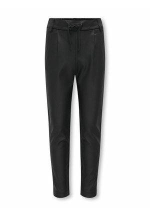 Mustad kitsenevad spordipüksid elastse vöökoha ja paelaga, esivoltide ja küljetaskutega.