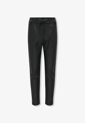 Čierne zúžené teplákové nohavice s elastickým pásom a šnúrkou, s prednými záhybmi a bočnými vreckami.