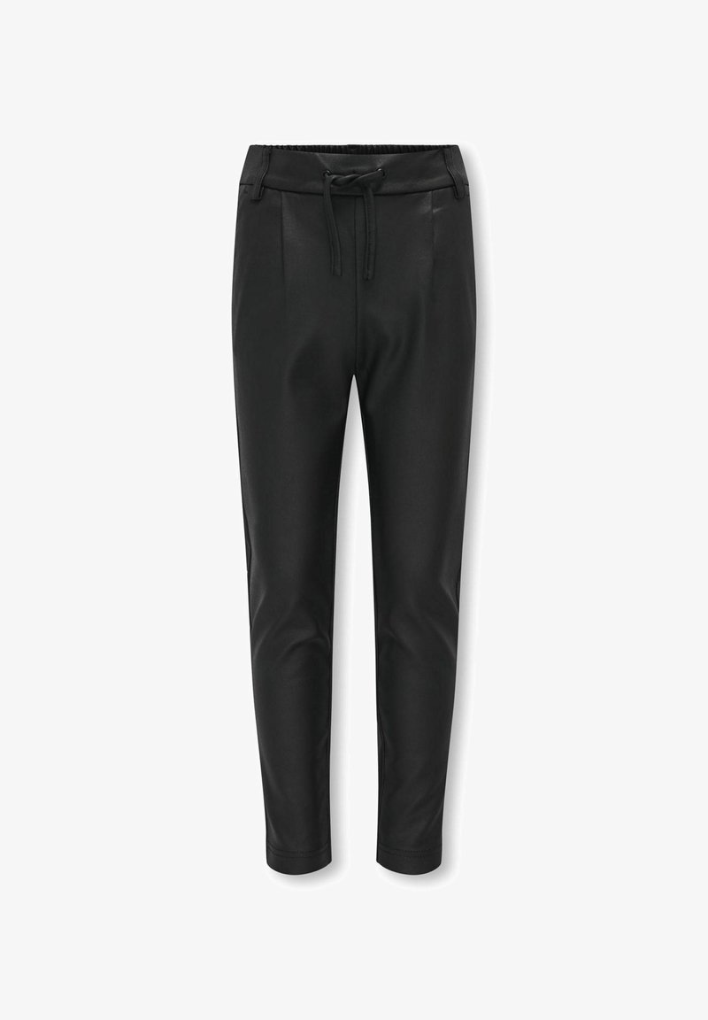 Pantalon de jogging noir fuselé avec taille élastique et cordon, avec plis sur le devant et poches latérales.