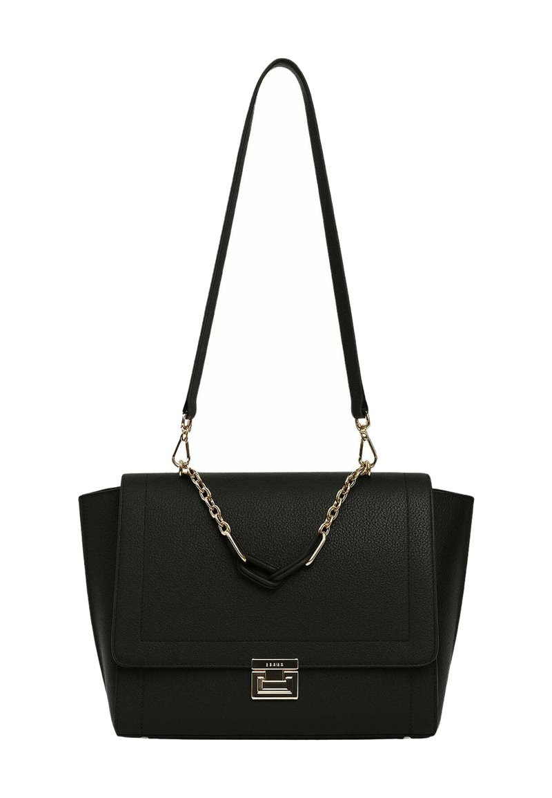 Borsa a mano in pelle nera con pattina pieghevole, dettagli in oro e tracolla con catena decorativa. Superficie strutturata con linee pulite e dettagli minimalisti.