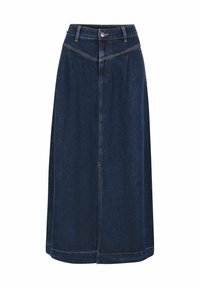 Jeans srednje dužine u tamnoplavoj boji, sa ukosnicom u struku, nabranim detaljima i ravnim krojem. Šivana obruba i zatvaranje s prednjim gumbom.