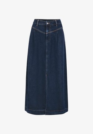 Mørkeblå denim midi-skjørt med tett midje, legg og rett silhuett. Syddetaljer og frontknapping.