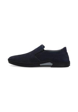 Mørkeblå slip-on sko med perforeret overdel, sort sål med grå detalje og elastiske sidepaneler for nem påtagning.