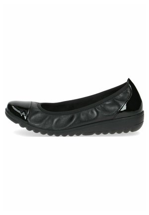 Black women's flat shoe with rounded patent leather toe, cushioned leather upper, and textured rubber sole.