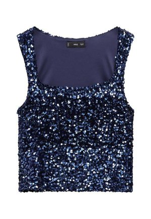 Top in sequins blu navy con scollo quadrato e design senza maniche. Superficie texturizzata, paillettes luccicanti che coprono la parte anteriore, retro in tessuto liscio.
