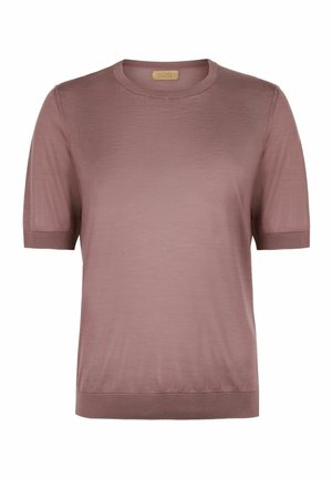 Mauve koszulka dzianinowa z krótkim rękawem, okrągłym dekoltem oraz ściągaczami na mankietach i dole.