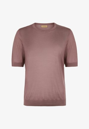 Mauve koszulka dzianinowa z krótkim rękawem, okrągłym dekoltem oraz ściągaczami na mankietach i dole.