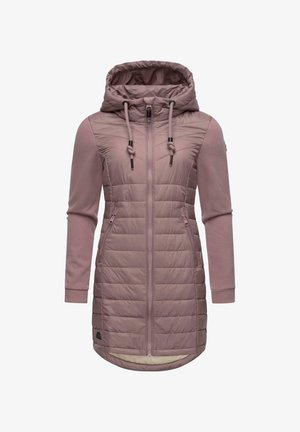 Rosa huva jacka med en vadderad framsida och elastiska ärmar, med två dragkedjefickor och hög krage för extra värme.
