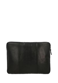 Černé kožené pouzdro na laptop s hladkým povrchem, obdélníkovým tvarem, minimalistickým designem, zipovým uzávěrem a diskrétními švy.