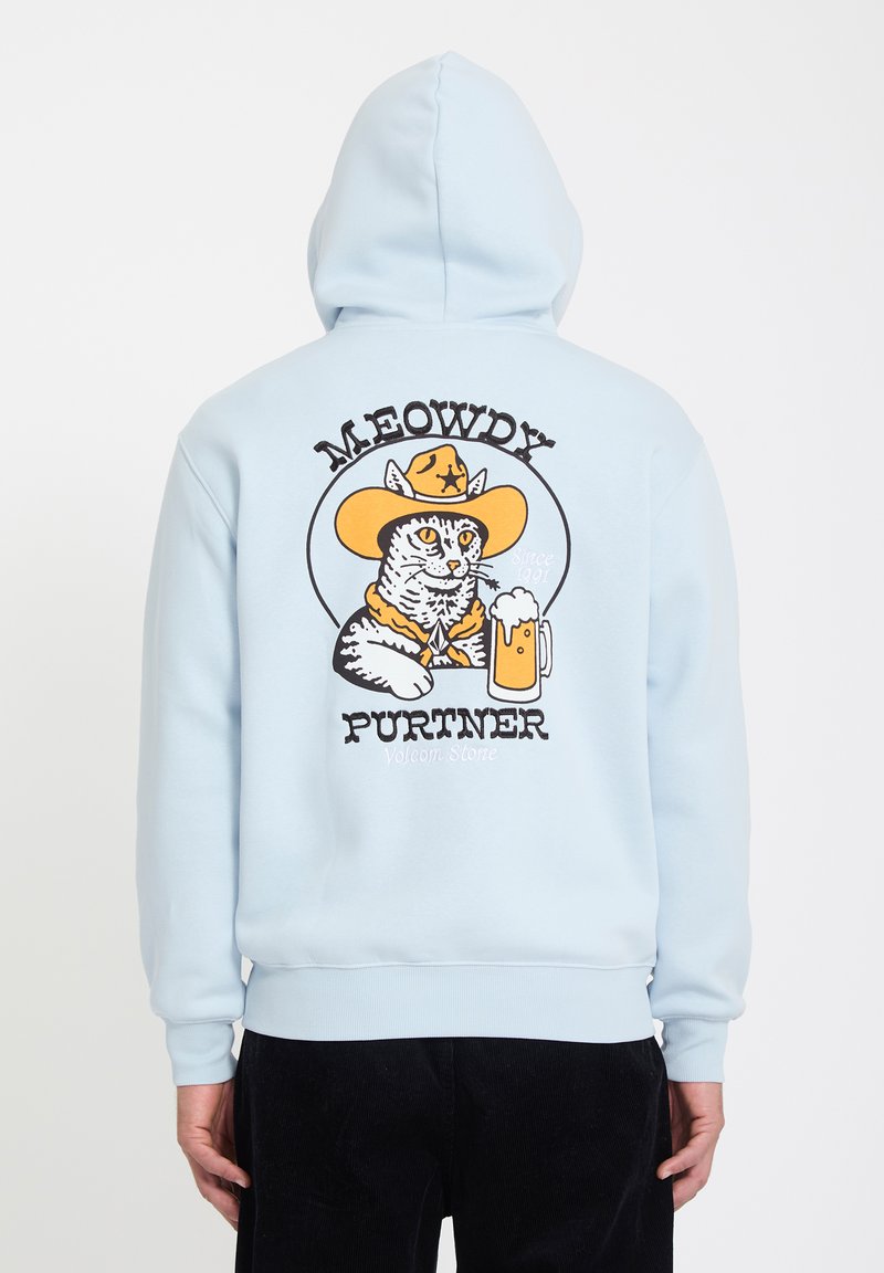 Sweat à capuche bleu clair avec un chat de dessin animé portant un chapeau de cow-boy et tenant une chope de bière, avec le texte « Meowdy Purtner » au dos.
