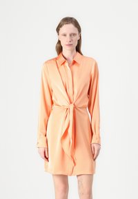 Robe chemise en soie abricot avec un col boutonnière, des manches longues et un détail à nouer à l'avant, présentant une texture lisse et brillante.