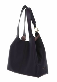 Sac à main en cuir violet foncé avec une texture douce, présentant une forme courbe, deux poignées de épaule, et des détails en métal doré.