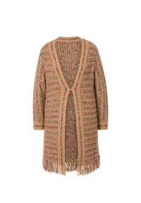 Gilet en tricot beige avec des éclats multicolores. Design à décolleté en V profond, manches ¾ et détails de franges au niveau de l'ourlet.
