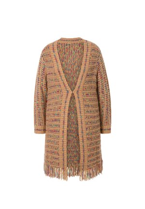 Strickjacke in Beige mit mehrfarbigen Farbtupfern. Offenes Design, tiefer V-Ausschnitt, ¾-lange Ärmel und Fransenverzierung am Saum.