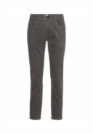 Graue Baumwollhose mit geradem Schnitt, fünf Taschen, Gürtelschlaufen und einer Knopfschließe an der Vorderseite, mit strukturierten Oberflächen.