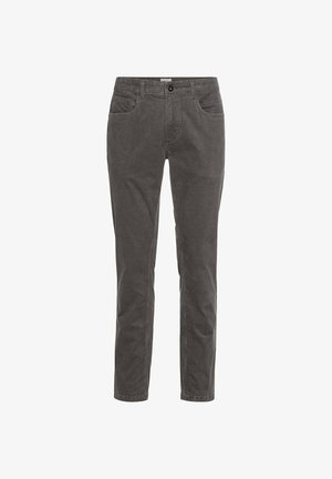 Grijze katoenen broek met een rechte pasvorm, vijf zakken, riemlussen en een knoopsluiting aan de voorkant, met een gestructureerd oppervlak.