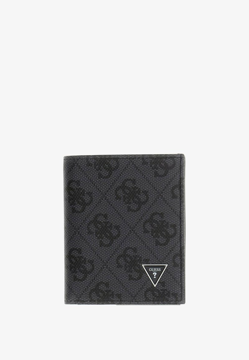 Portefeuille noir Guess avec motif embossé et petit logo métallique triangulaire dans le coin inférieur droit.
