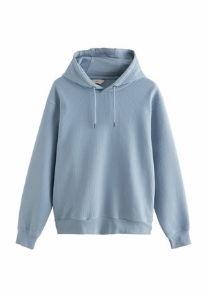 Sudadera con capucha de color azul claro, hecha de tela acanalada. Presenta un cordón con extremos metálicos y puños elásticos, ofreciendo un ajuste relajado.