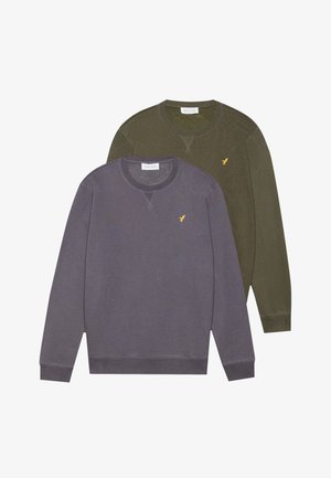 Două hanorace, unul gri închis și unul verde măsliniu, cu guler rotund, mâneci lungi și un mic logo galben pe piept.