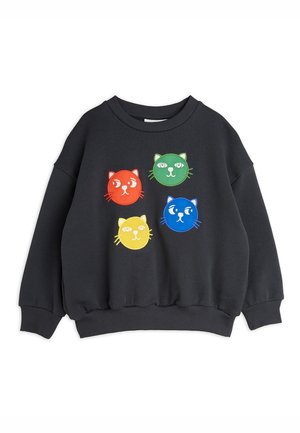 Sweat-shirt noir à manches longues avec quatre visages de chat colorés en rouge, vert, jaune et bleu, disposés en carré sur la poitrine.