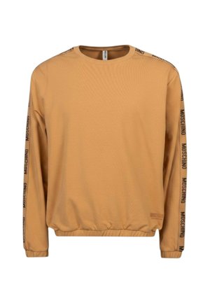 Felpa marrone chiaro a maniche lunghe con orlo elastico e testo nero "Moschino" che corre lungo entrambe le maniche e sulle spalle.