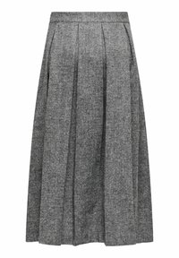Jupe midi plissée en laine grise avec une taille haute et une texture subtile sur fond blanc.