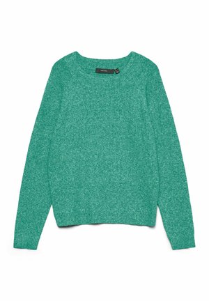 Rohelise lõdva lõikega pika varrukaga kudum, millel on ümara kaelusega ja mis on sirgelt valgel taustal laotatud.