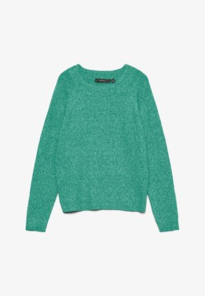 Rohelise lõdva lõikega pika varrukaga kudum, millel on ümara kaelusega ja mis on sirgelt valgel taustal laotatud.