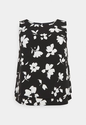 Zwarte mouwloze blouse met witte bloemenprint en gelaagde zoom.