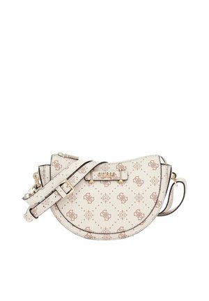 Sac bandoulière couleur crème en forme de demi-lune avec motif monogramme beige et bandoulière réglable avec ferrures dorées.