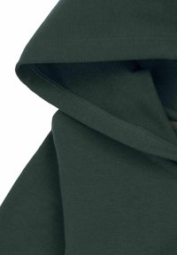 Ciemnozielona bluza z kapturem o miękkiej teksturze, z zaokrąglonym kapturem i przeszyciami wokół krawędzi, prezentująca casualowy design.