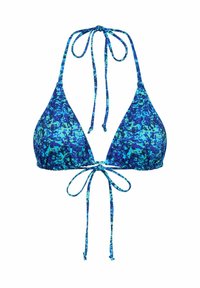 Blauer Bikini-Oberteil in dreieckiger Form mit Bindebändern. Es hat ein lebhaftes blaues Muster mit verschiedenen Türkistönen und dunkleren blauen Akzenten.