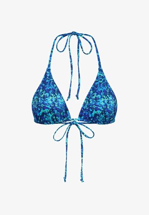 Blauer Bikini-Oberteil in dreieckiger Form mit Bindebändern. Es hat ein lebhaftes blaues Muster mit verschiedenen Türkistönen und dunkleren blauen Akzenten.