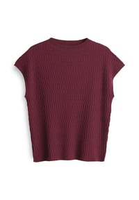 Maroon knitted pullover with a textured pattern, short sleeves, and a round neckline. Made from a soft, flexible fabric.