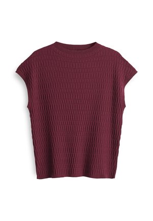 Maroon knitted pullover with a textured pattern, short sleeves, and a round neckline. Made from a soft, flexible fabric.