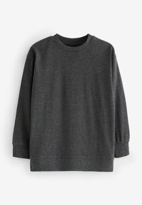 Sweatshirt gris foncé à manches longues, col rond, avec des poignets et un ourlet côtelés. Texture douce, sans motifs ni logos visibles.