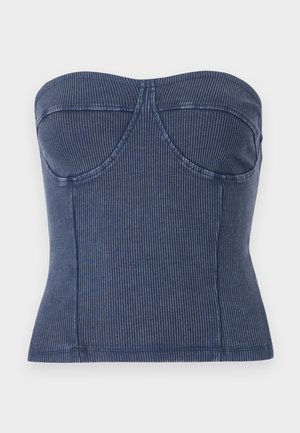 Tyrkysový top bez ramienok vyrobený z rebrovanej látky. Má štruktúrovaný korzet, so švovými detailmi a priliehavým strihom.