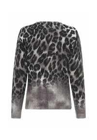 Grauer Pullover mit einem Leopardenmuster in Schwarz und einem Verlaufseffekt. Langärmlig, weicher Stoff und Rundhalsausschnitt.