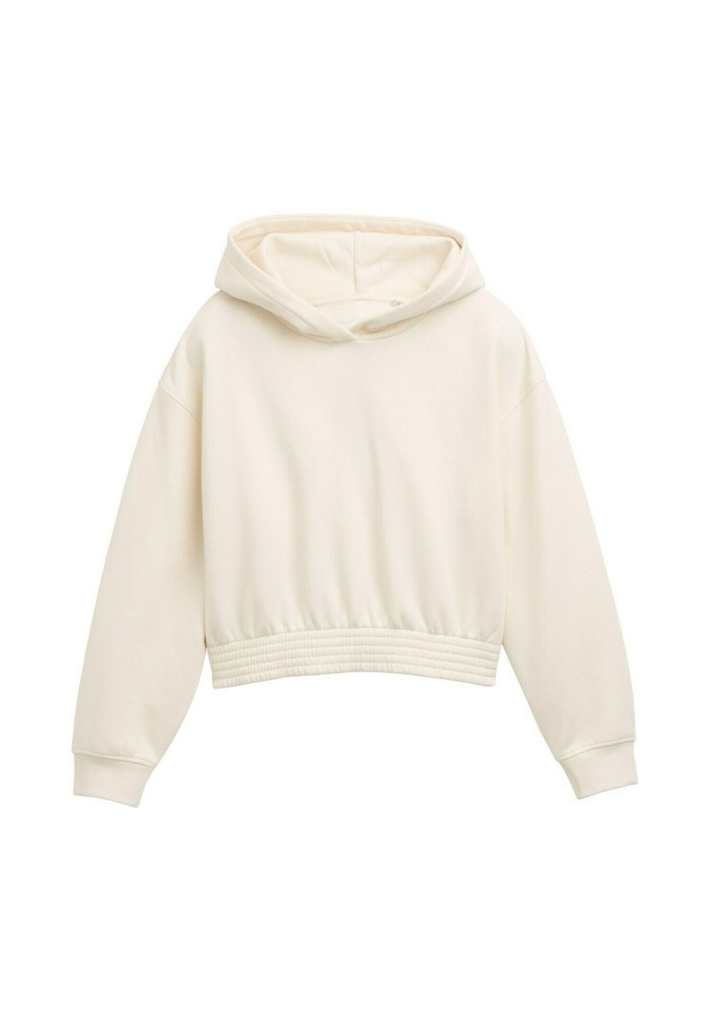 Hoodie accorciato color crema con cappuccio regolabile, orlo a costine e maniche lunghe, realizzato in un tessuto morbido con una texture liscia.